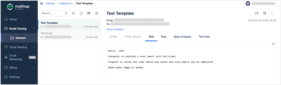 Mailtrap Email Sandbox inbox view Test Template