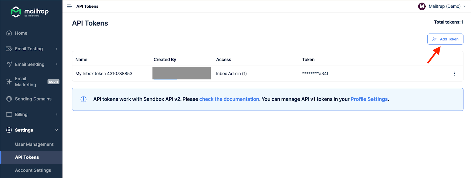 Accessing API tokens in Mailtrap Email Sending account