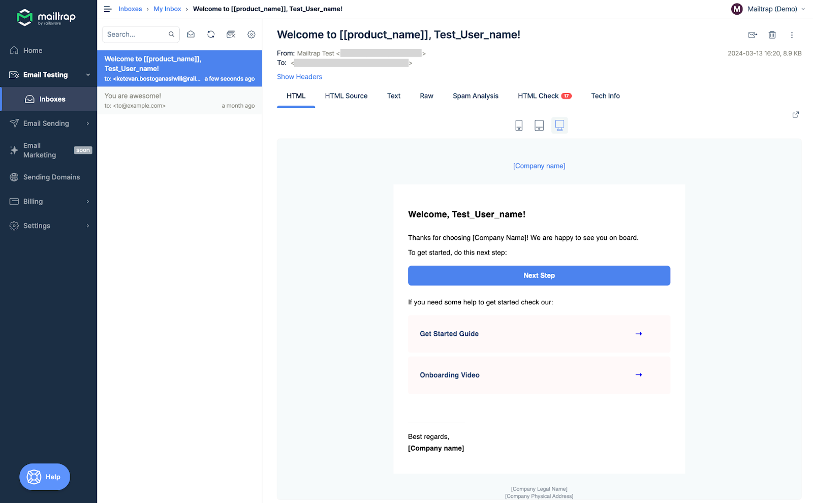 Email Template sent to Email Testing inbox via API