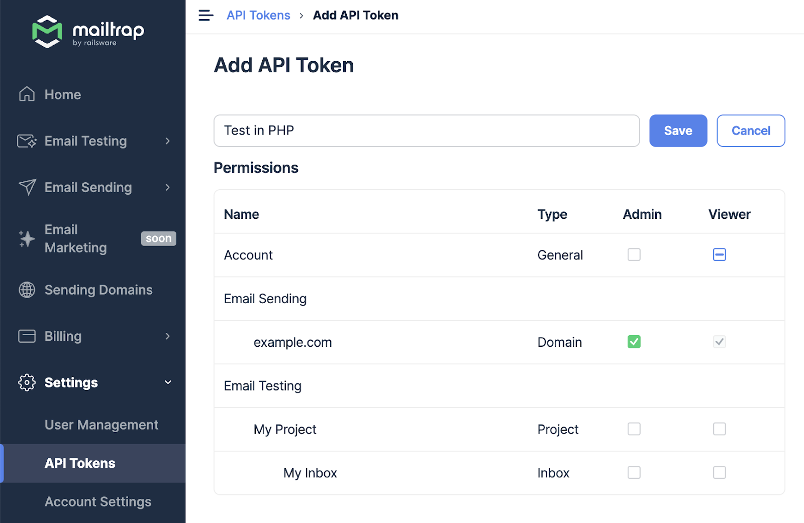 Creating an API token in Mailtrap Email Sending
