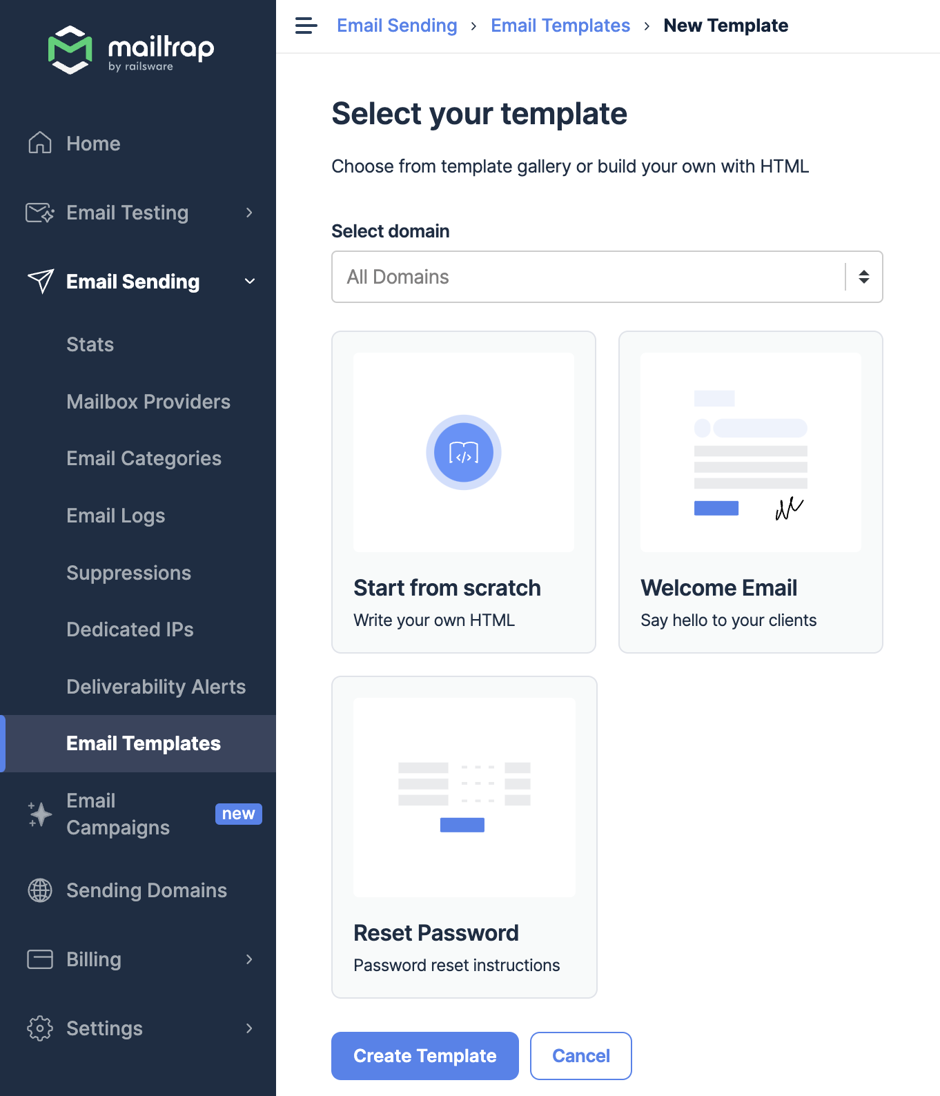 Choosing a desired template format in Mailtrap Email Sending