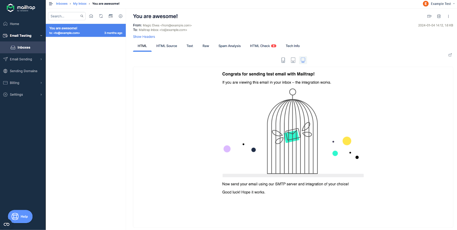 Mailtrap email tesing HTML preview