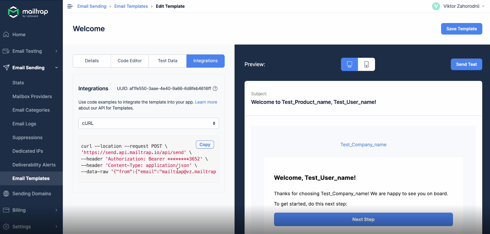 Templates de email do Mailtrap