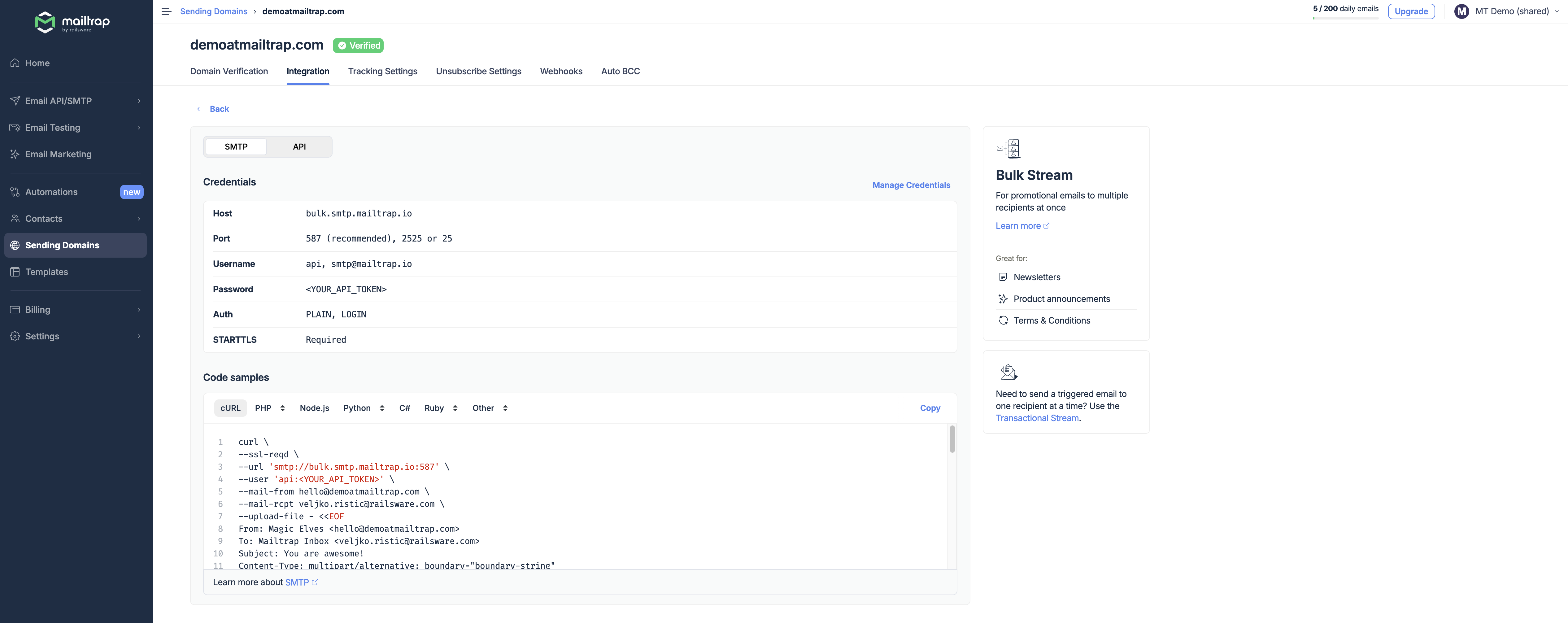 Integration des Mailtrap SMTP-Massenversand-Streams
