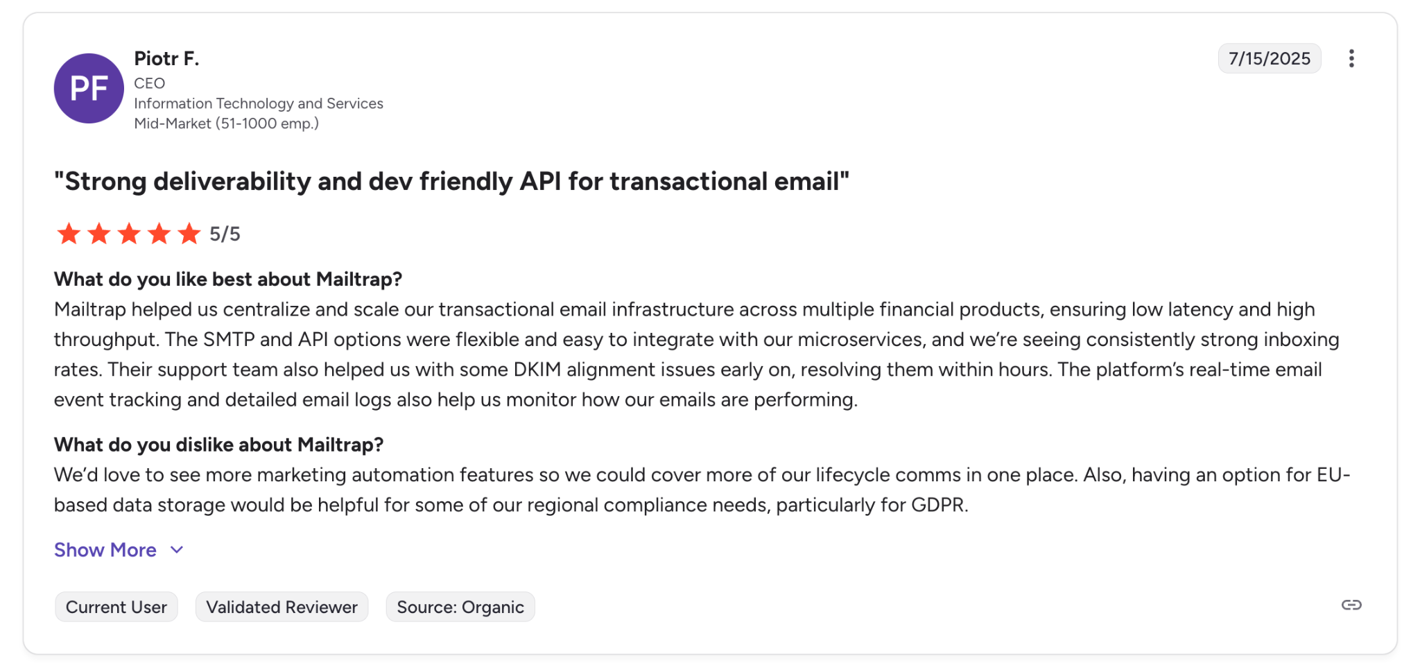 Mailtrap G2 verified review